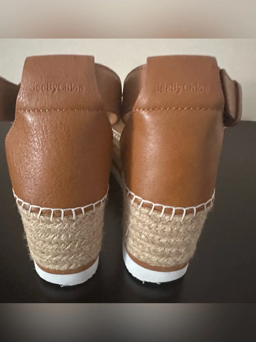 See by Chloé Tan Leather Espadrille Wedge Sandals with Ankle Strap